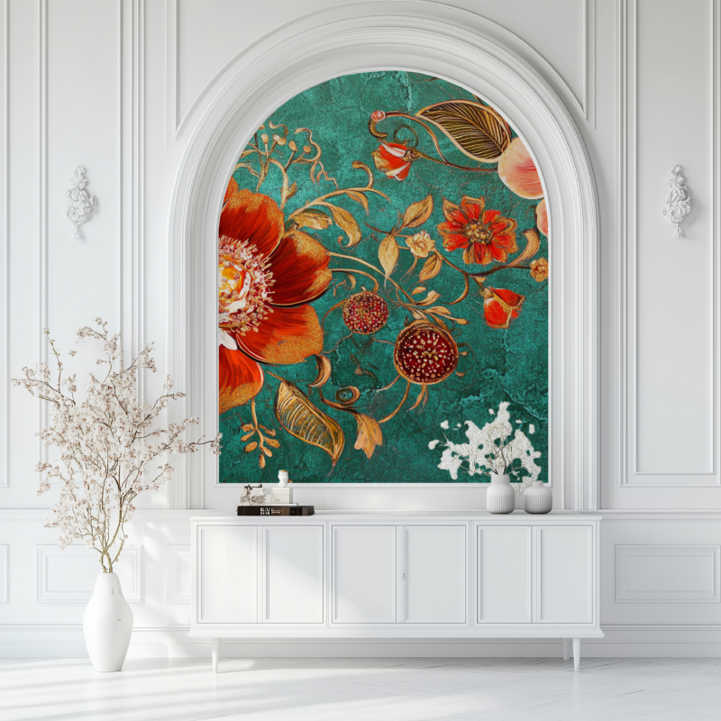 Papier peint fleur indien salon blanc