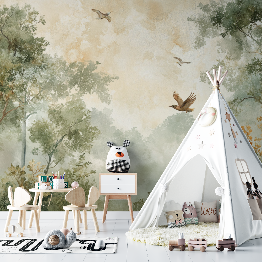 Papier peint panoramique foret chambre bebe