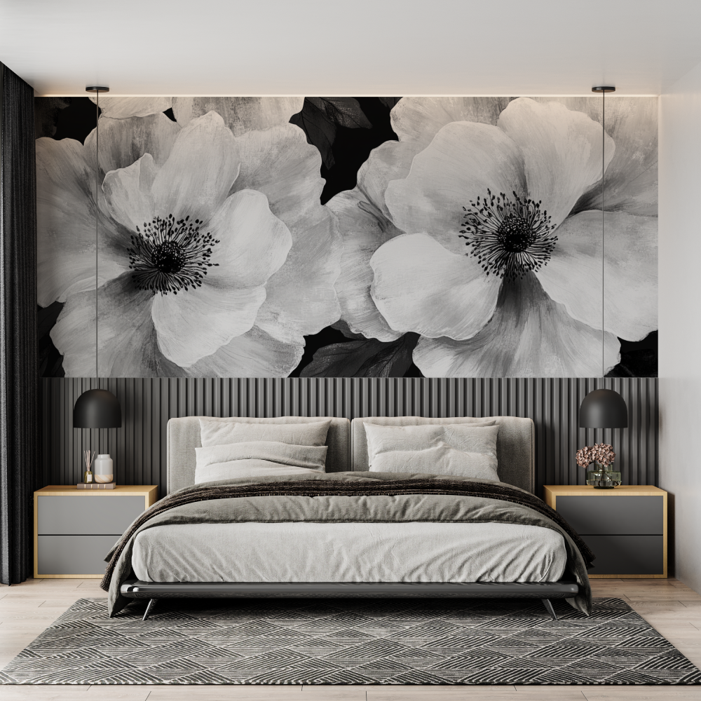 Papier peint aquarelle fleurs noires chambre adulte