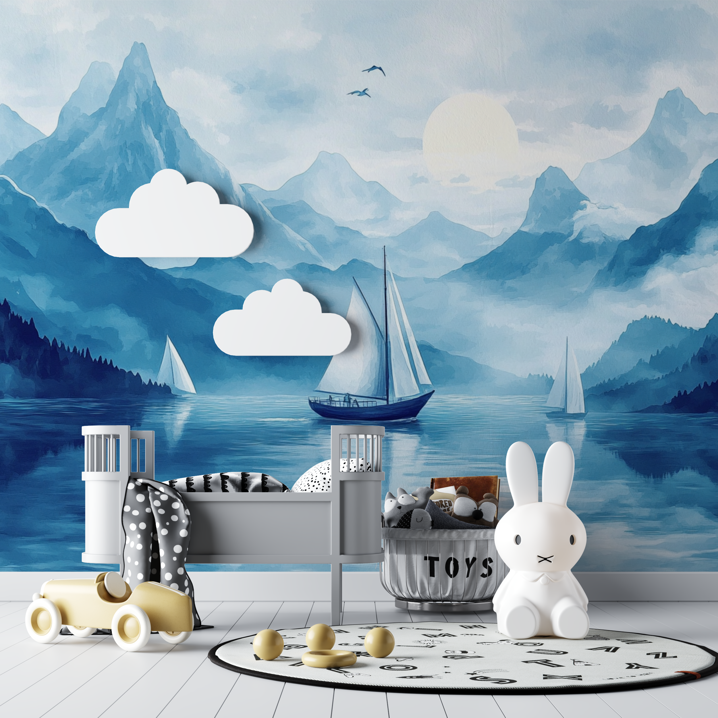 Papier peint marin voilier et montagne bebe tipi