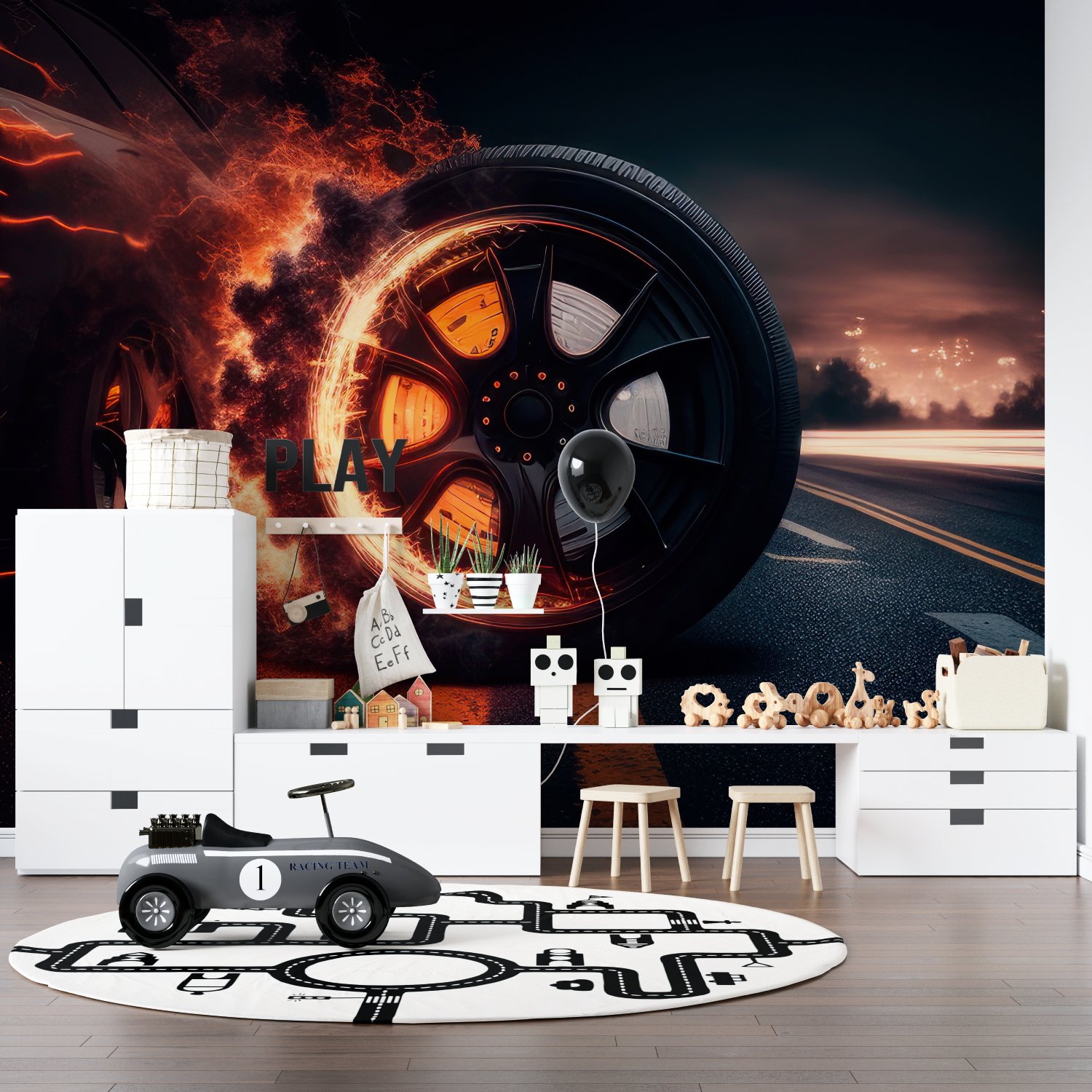 Papier peint roue de voiture en feu pano anime