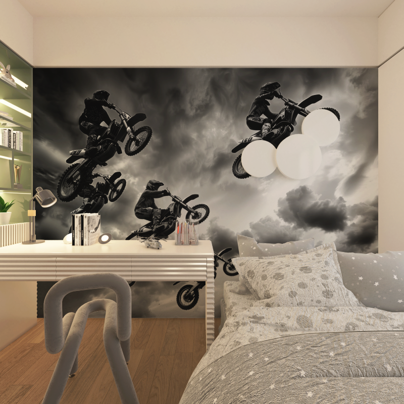 Papier peint 3d moto cross noir blanc chambre adolescents