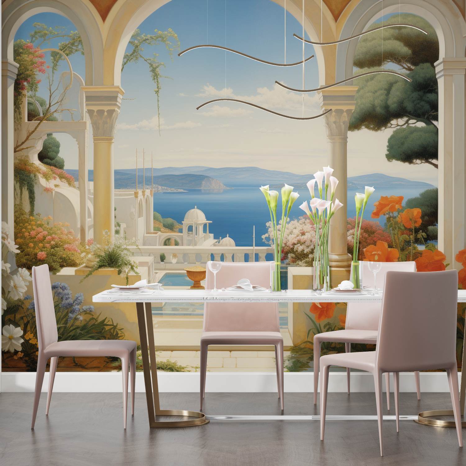 Papier peint aquarelle paysage mediterraneen salon