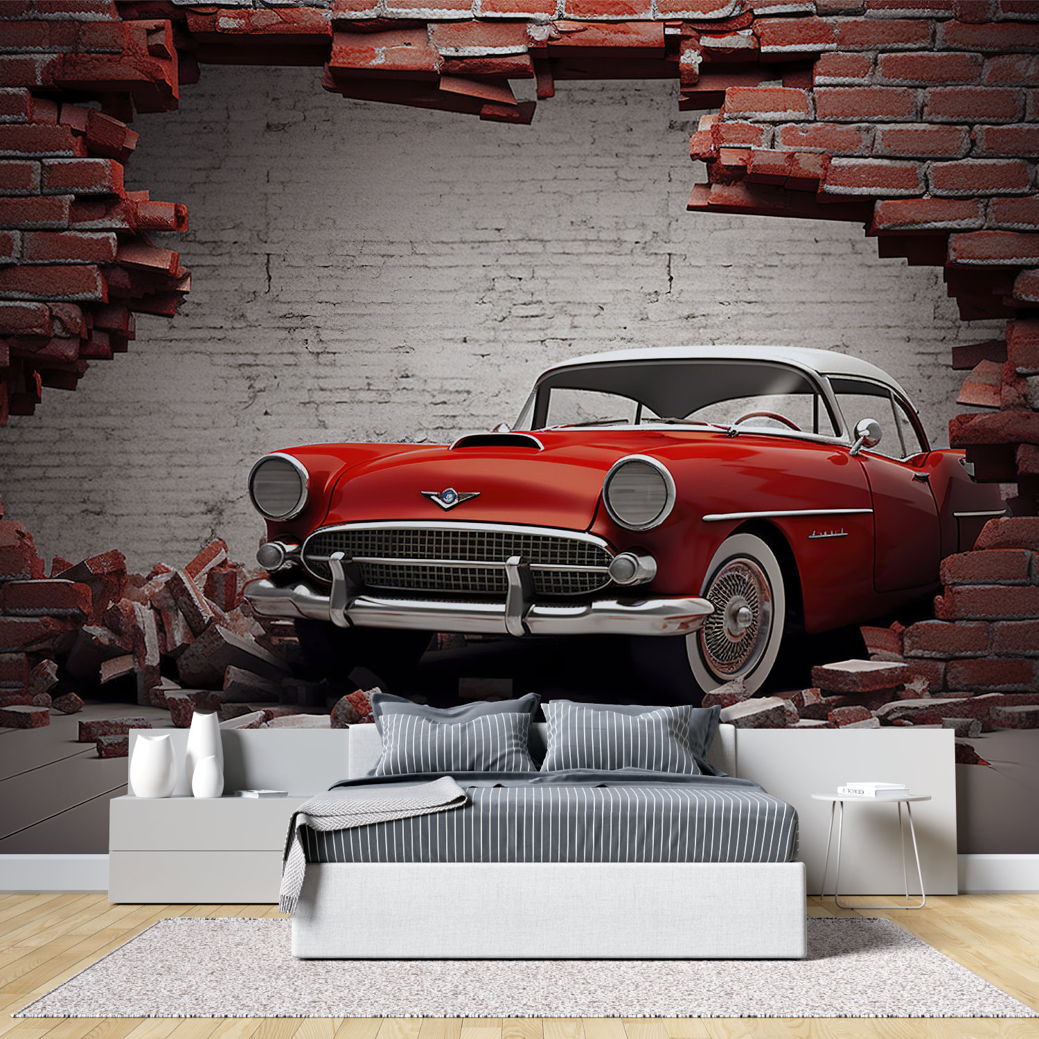 Papier peint trompe loeil voiture vintage tete de lit