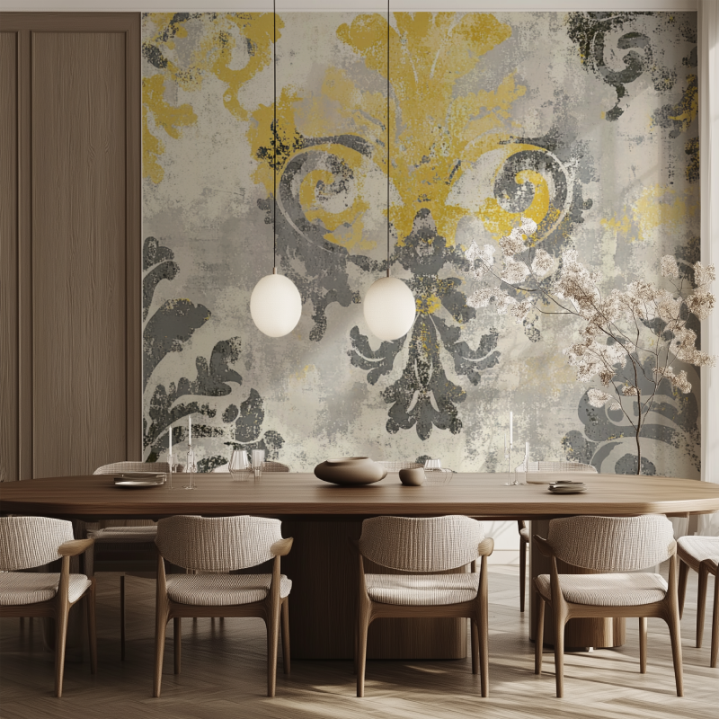 Papier peint vintage jaune et gris salle manger tendance