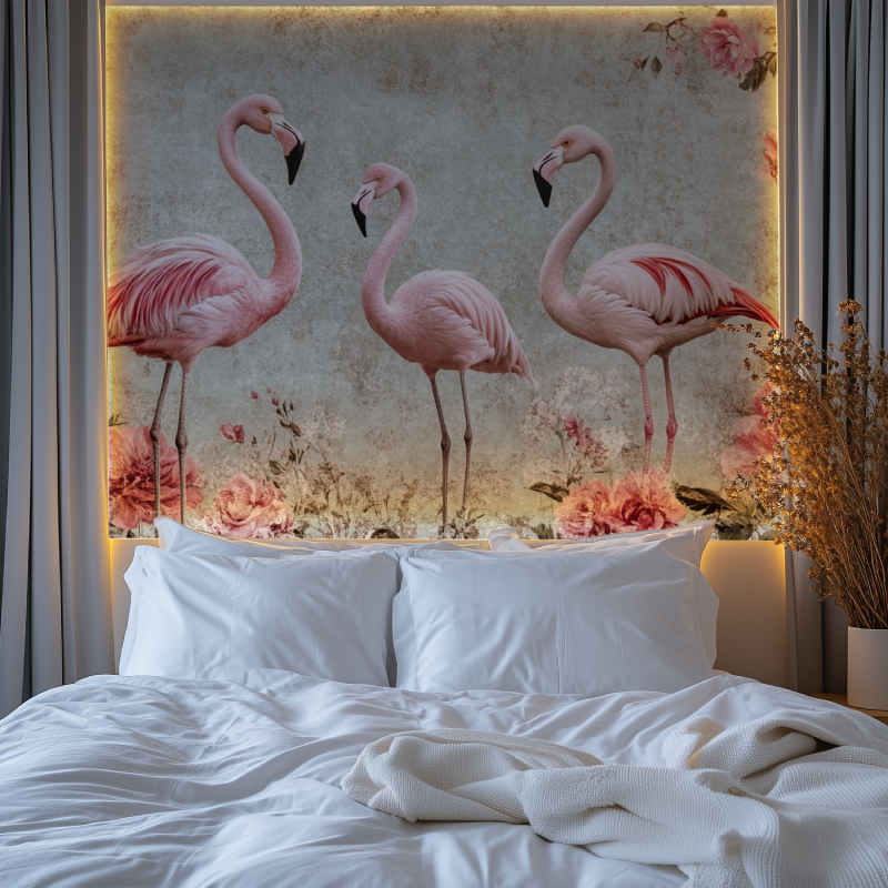 Papier peint vintage flamant rose chambre premium