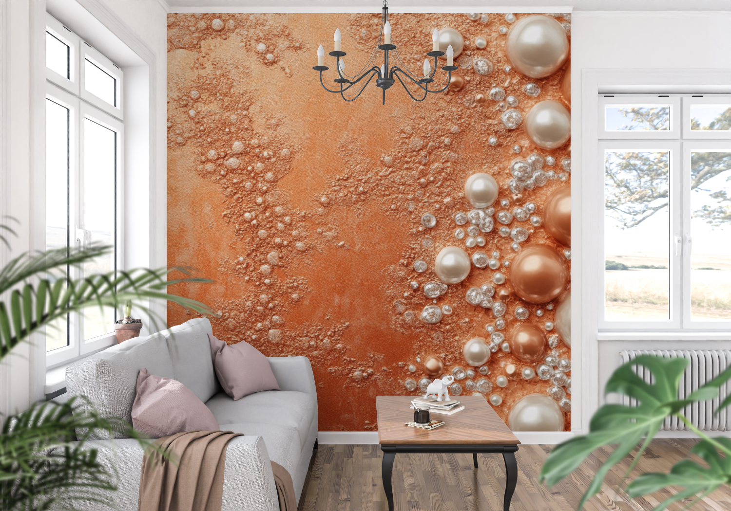 Papier peint terracotta et perles nacrees panoramique mur