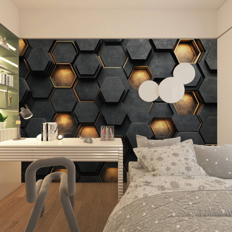 Papier peint gamer hexagones noir et or chambre adolescents
