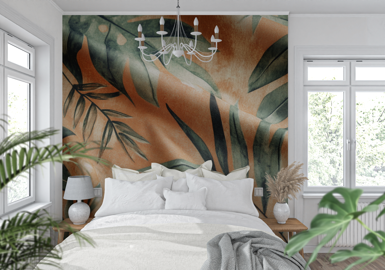 Papier peint terracotta et vert sauge tendance mur