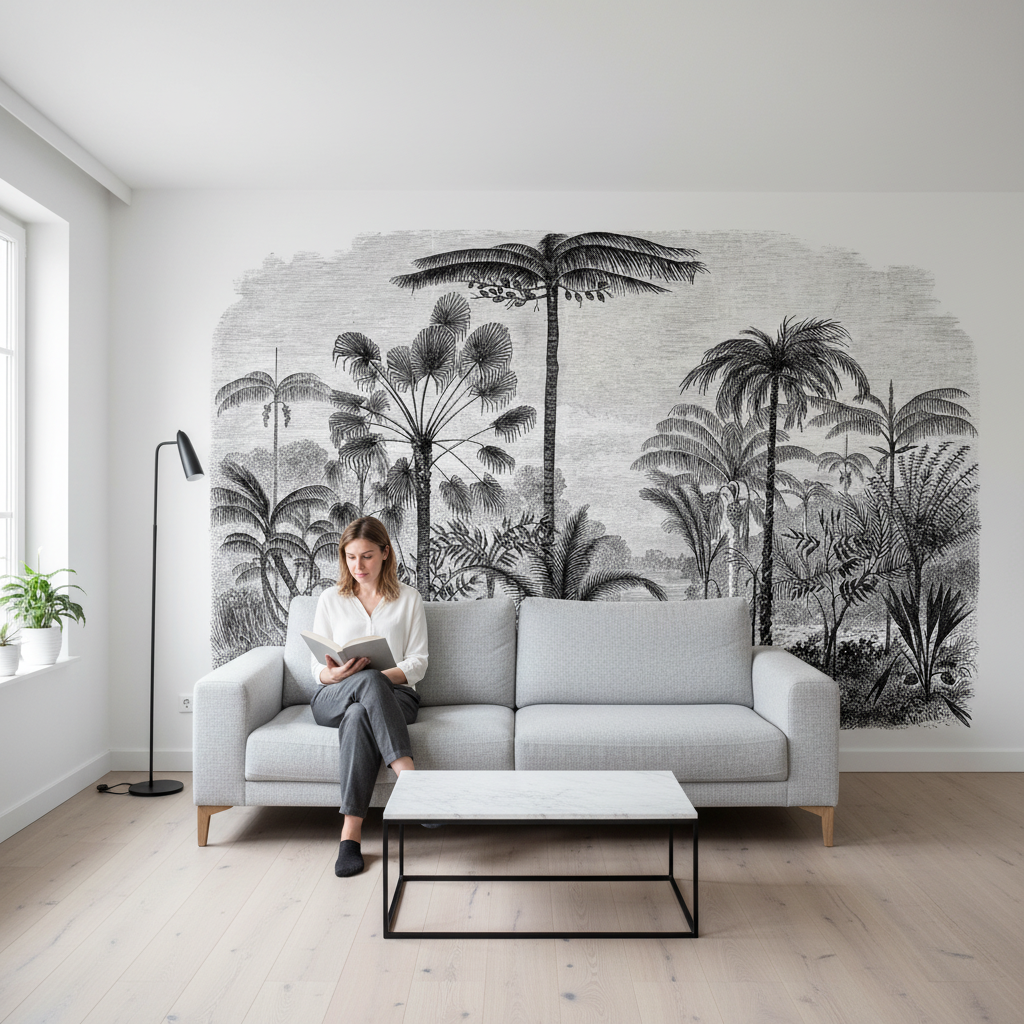 Papier Peint Décor Tropical Noir et Blanc