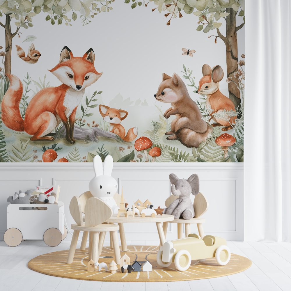 Papier peint renard et animaux de la jungle chambre de bebe