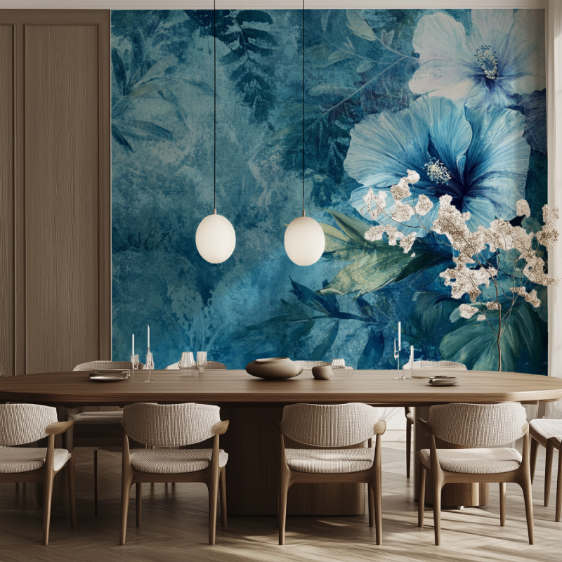 Papier peint vintage fleurs bleue salle manger tendance