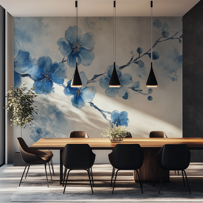 Papier peint fleur de cerisier bleu salle manger tapisserie