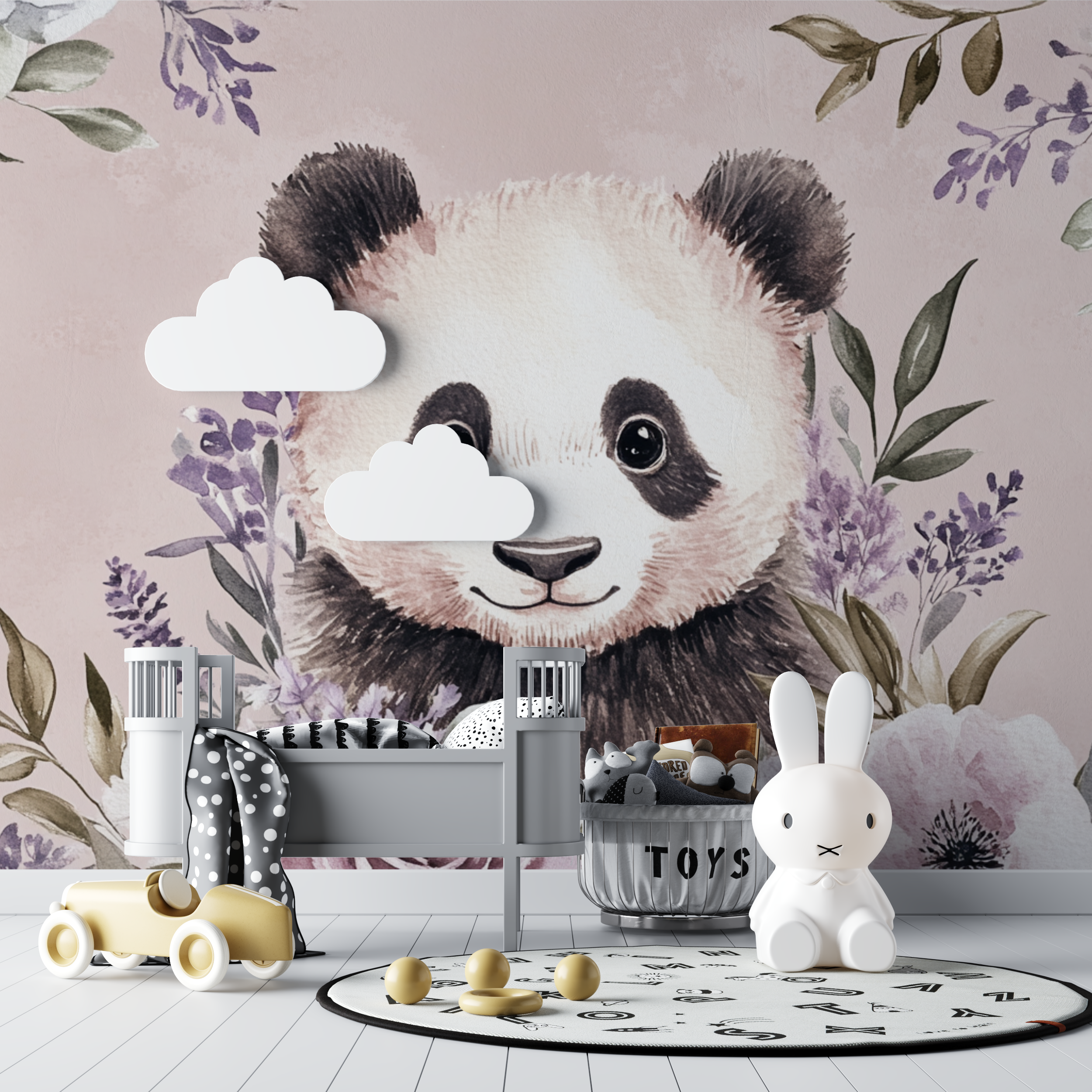 Papier peint panda et couronne de fleurs bebe tipi