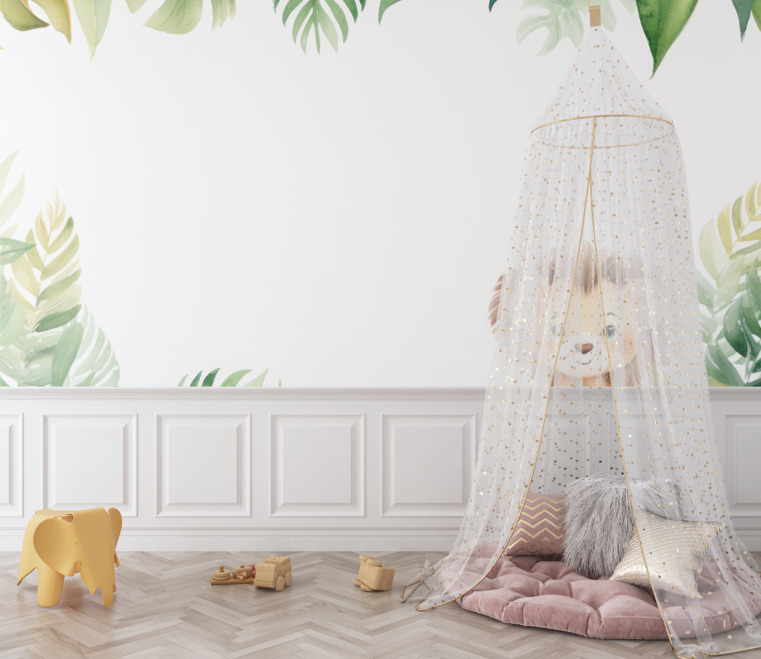Papier peint lion et feuillage tropical bebe