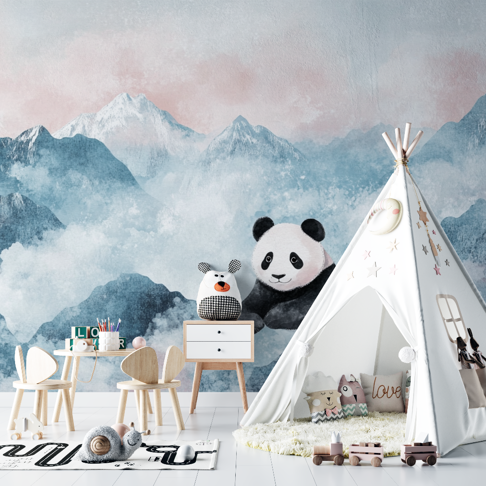 Papier peint panda et montagnes douces chambre bebe