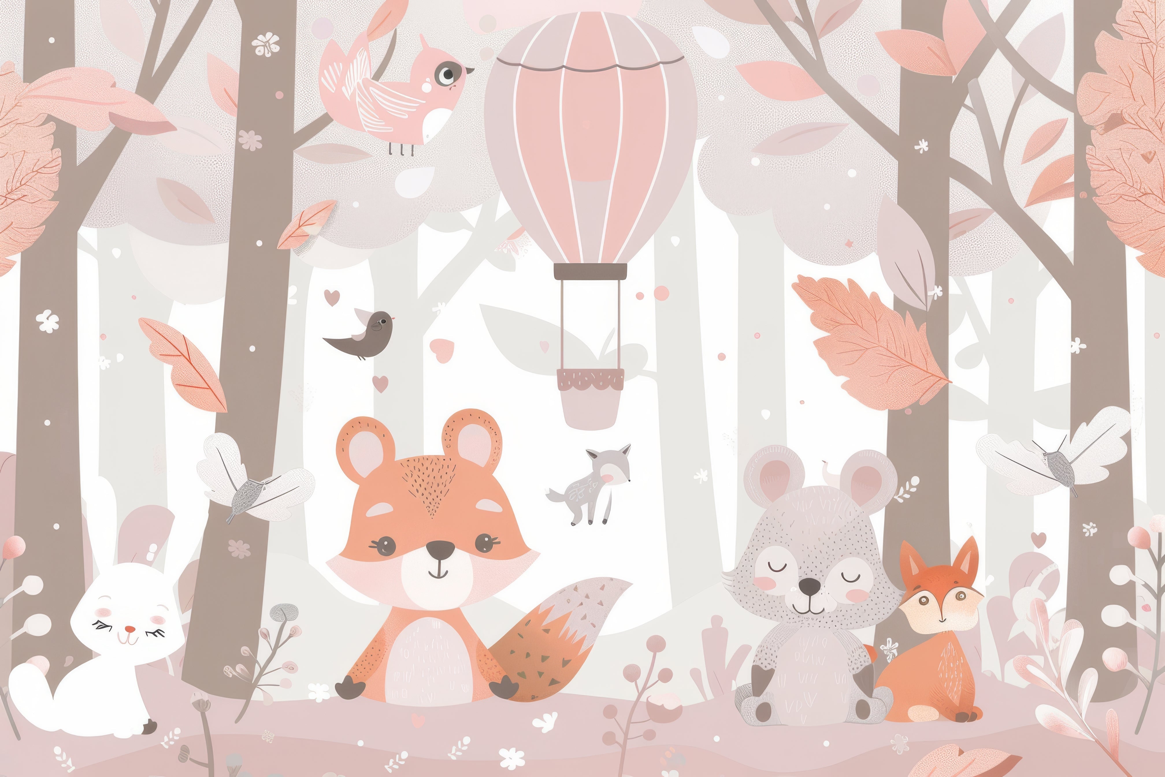 Papier peint bébé Amis de la forêt rose