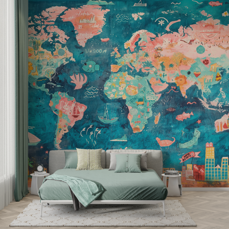 Papier peint pour enfant carte du monde murs