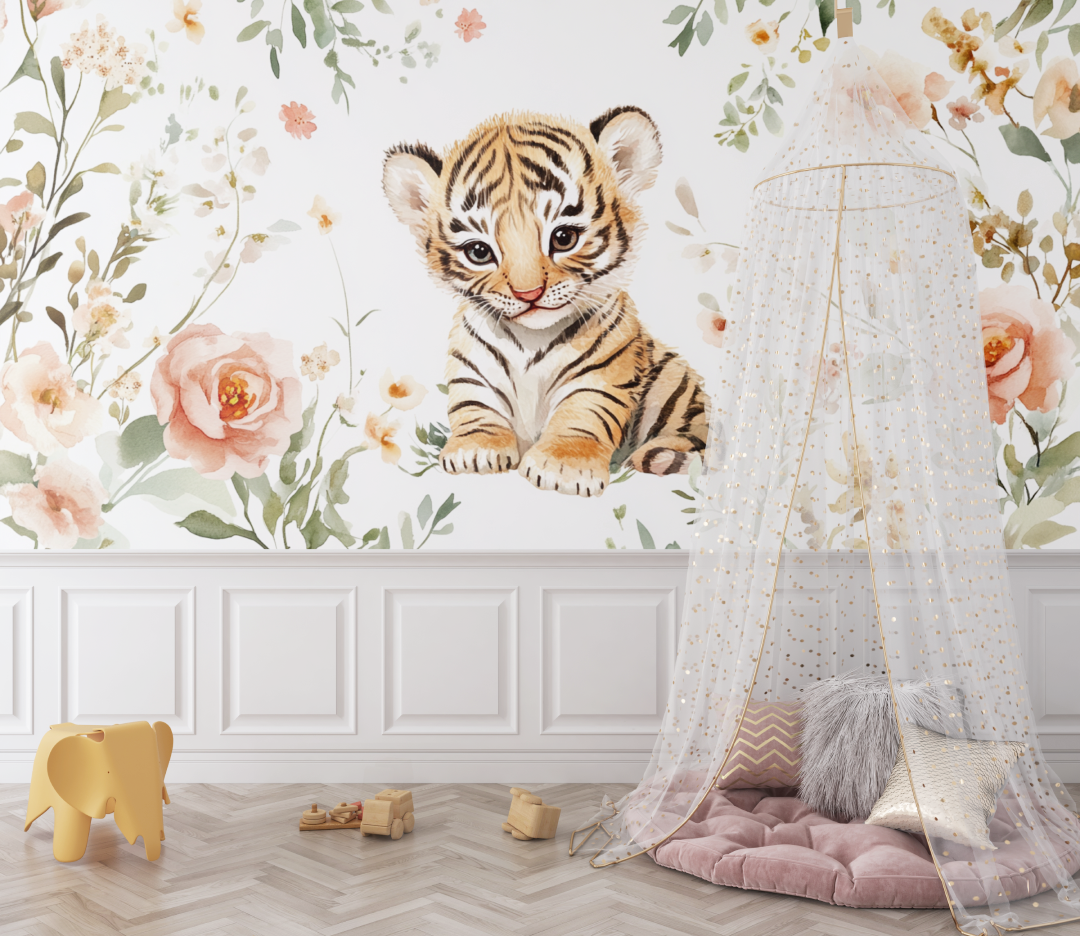 Papier peint tigre et fleurs sauvages bebe