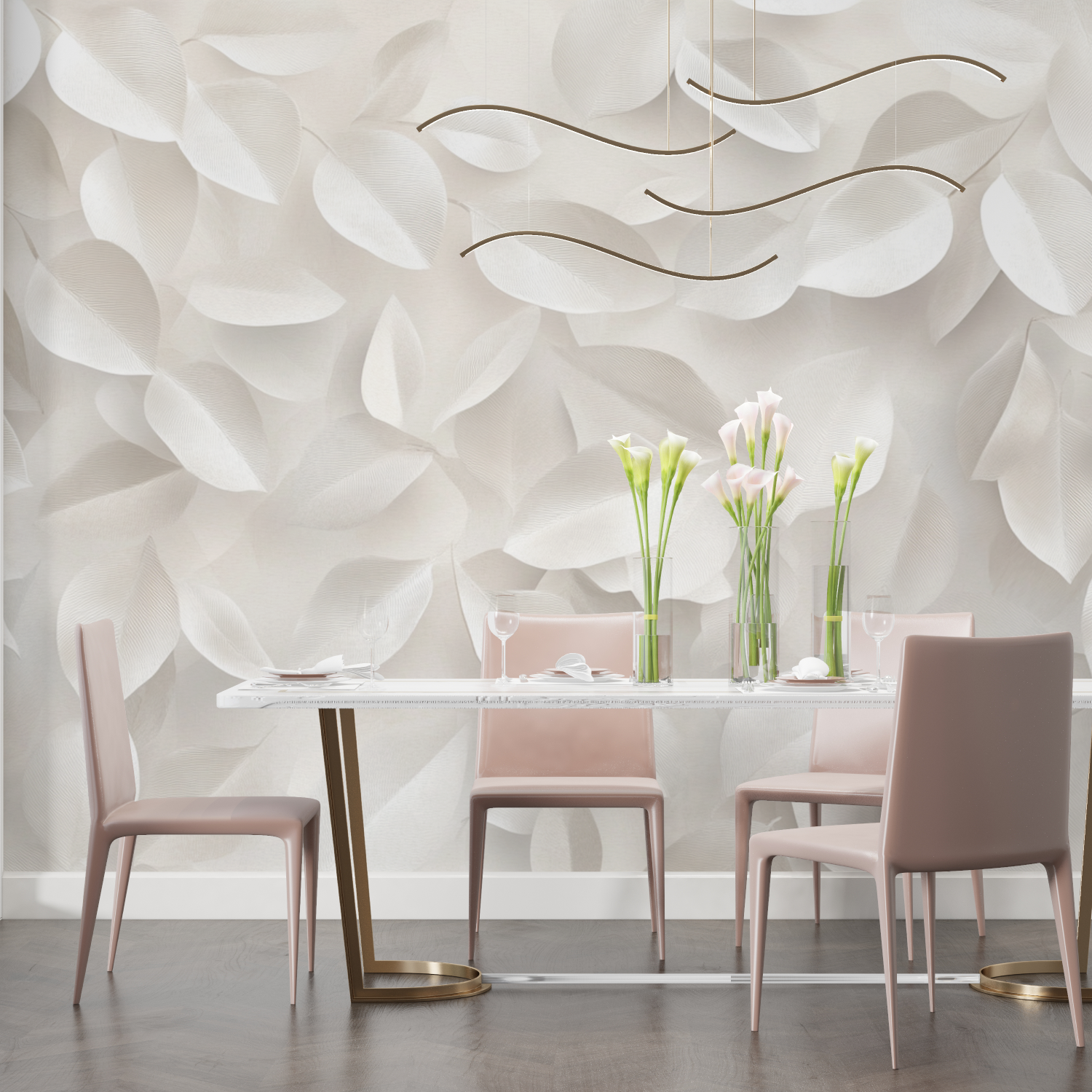 Papier peint aquarelle feuilles pastel douces salon