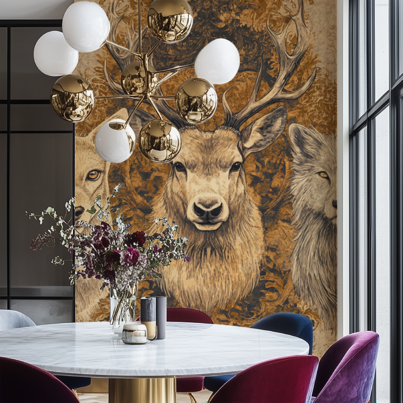 Papier peint vintage portrait animaux salon chaise