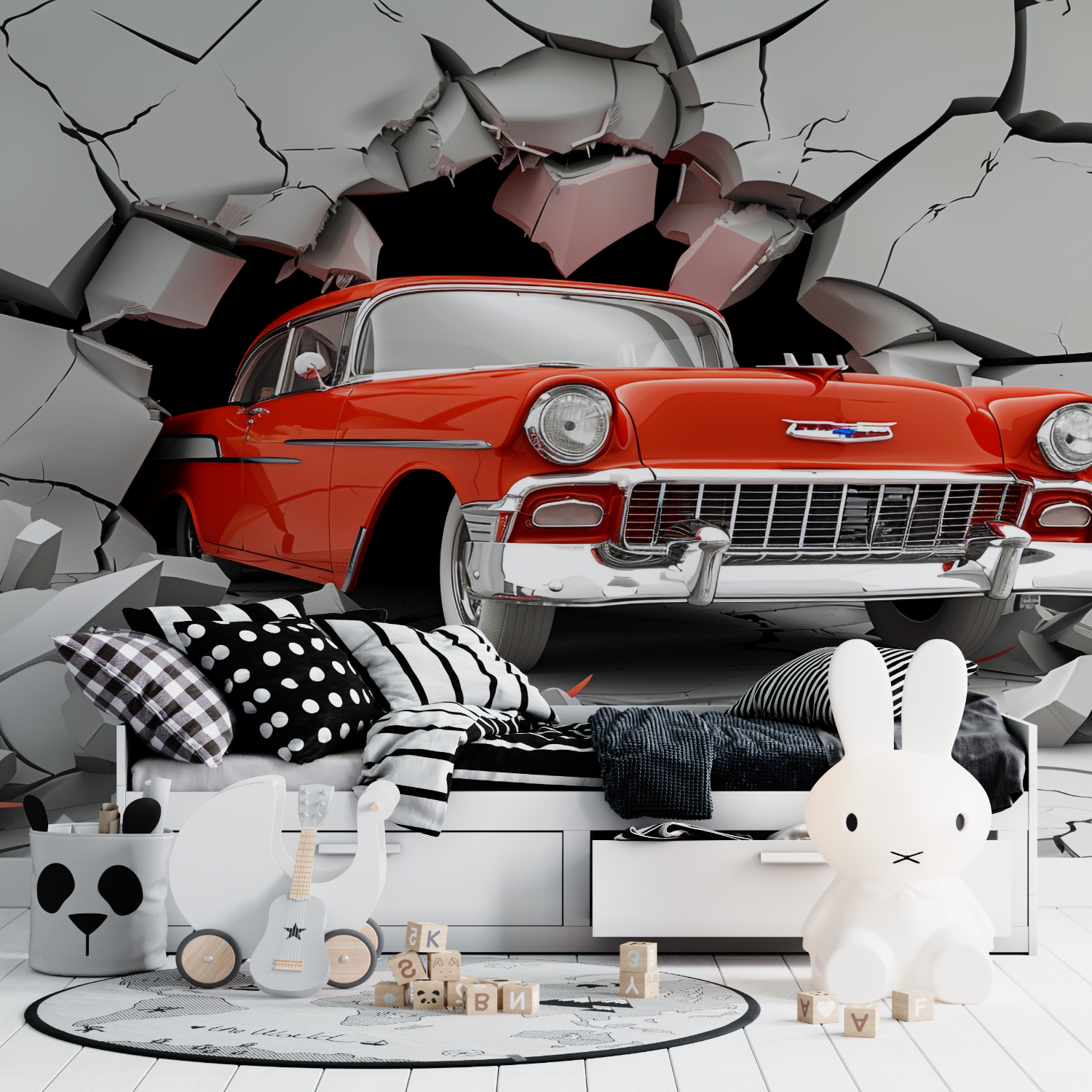 Papier peint trompe loeil voiture rouge tapisserie ado