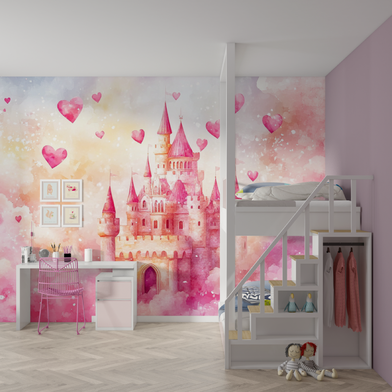 Papier peint princesse chateau rose bebe mur chambre fille