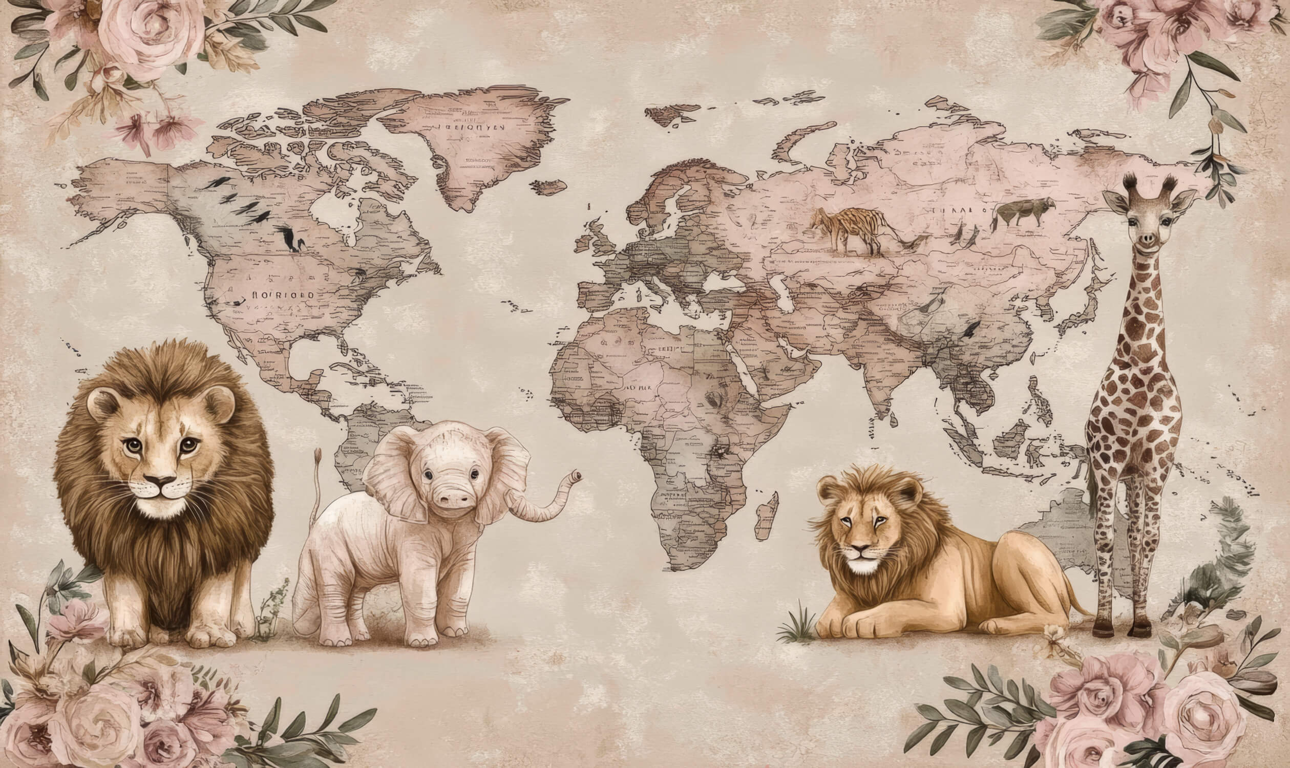 Papier Peint Carte Du Monde Animaux Rose