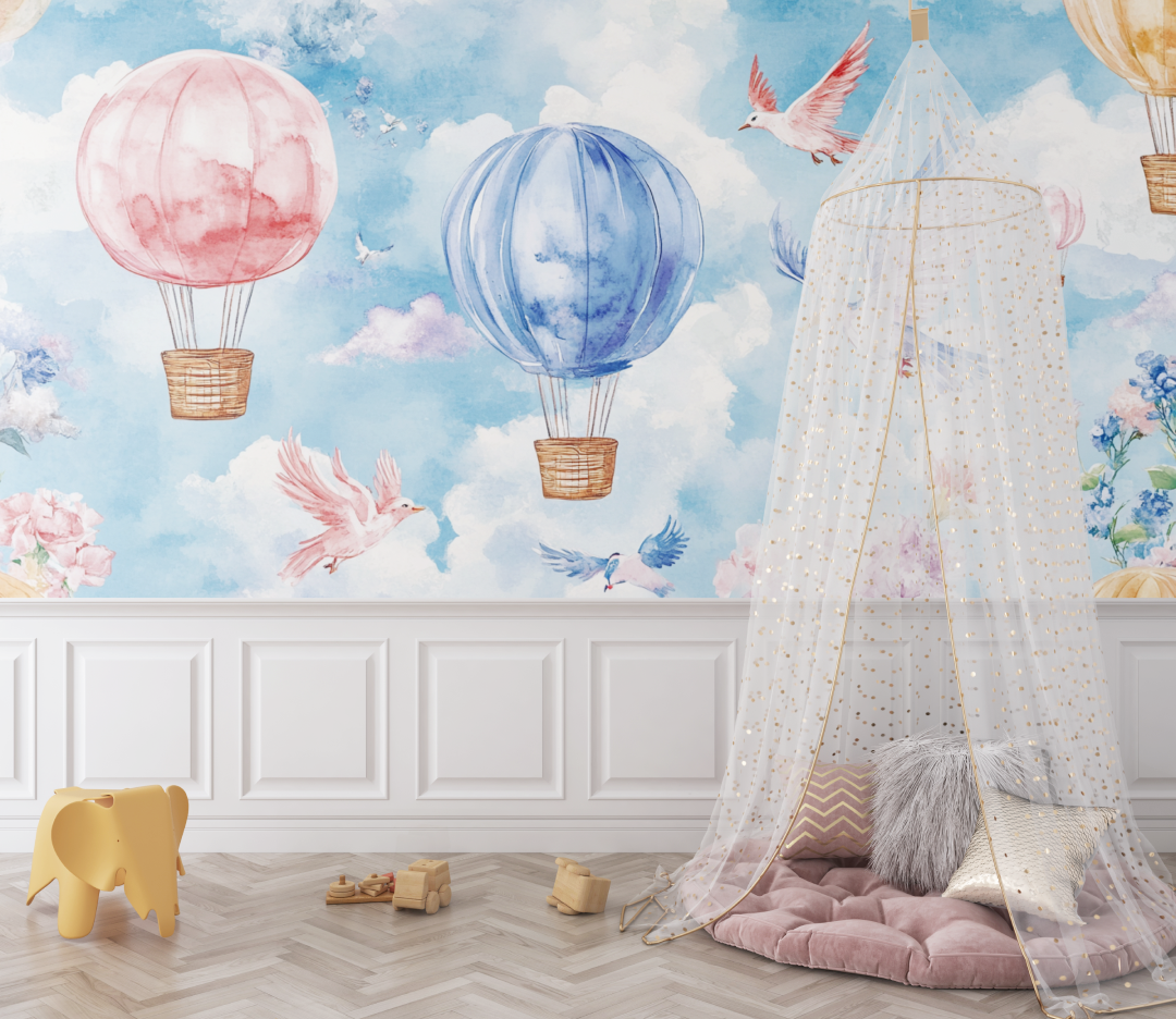 Papier peint montgolfiere et animaux volants bebe