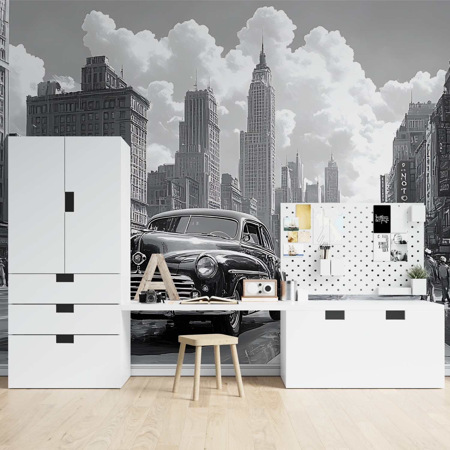 Papier peint noir et blanc voiture usa tapisserie spiderman