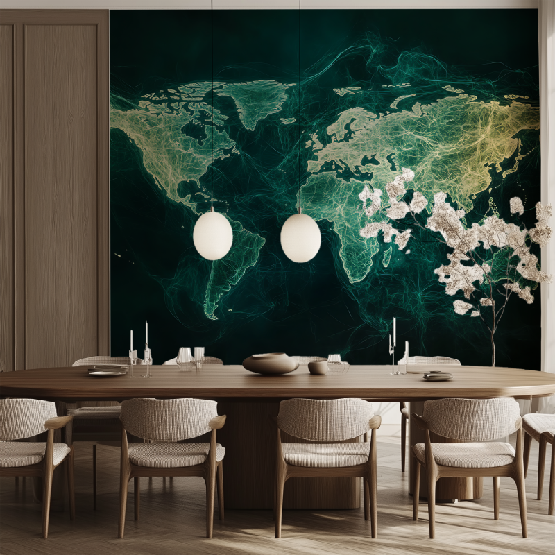 Papier peint carte du monde verte salle manger tendance