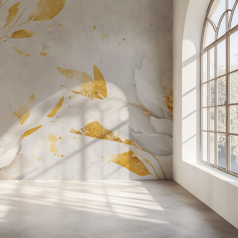 Papier peint fleur blanc et or mur simple