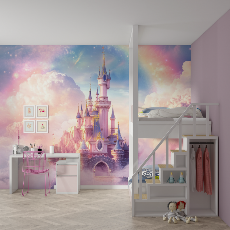 Papier peint princesse chateau arc en ciel mur chambre fille