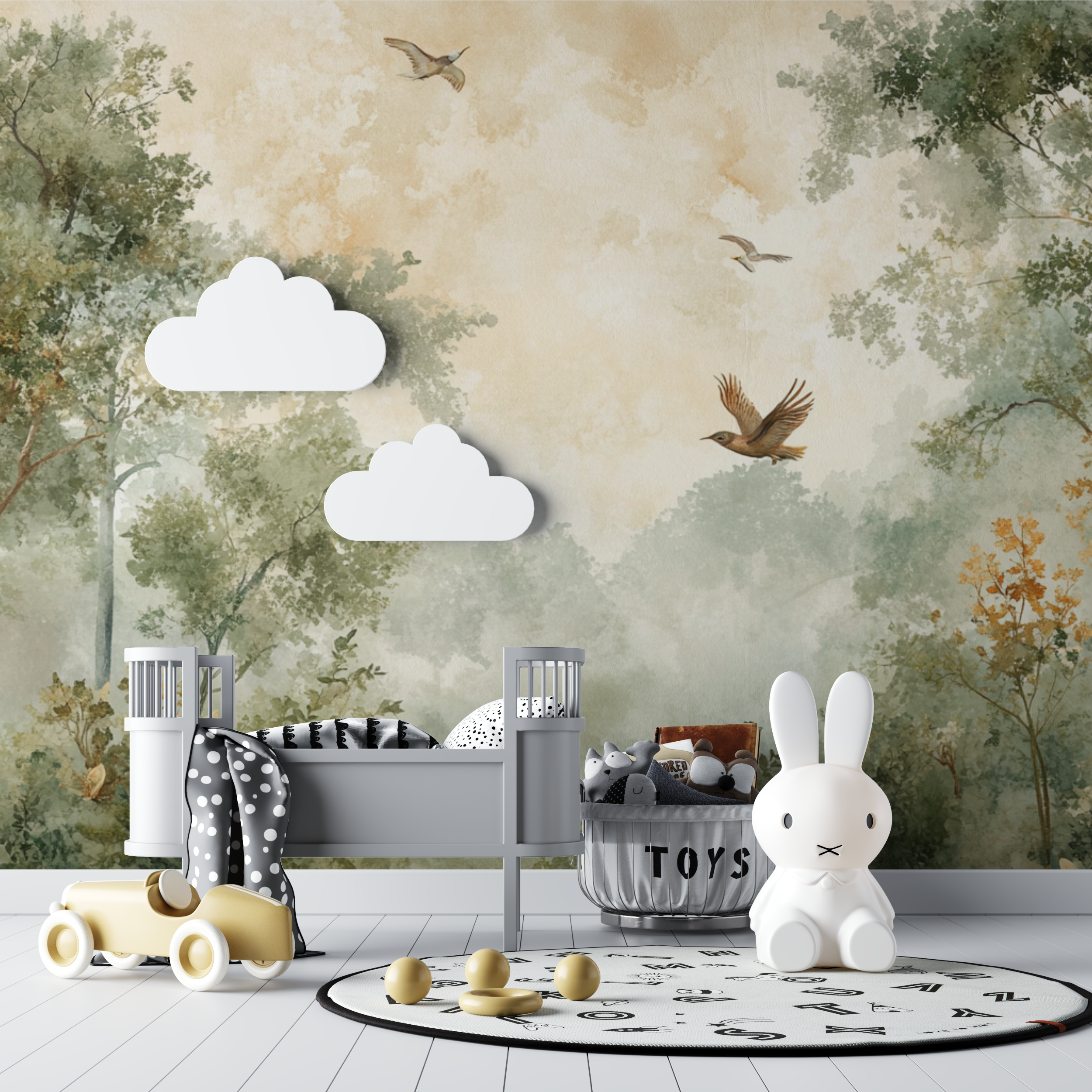 Papier peint panoramique foret bebe tipi