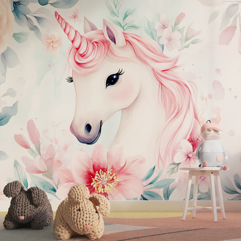 Papier peint licorne pas cher fleuri tapisserie pour fille