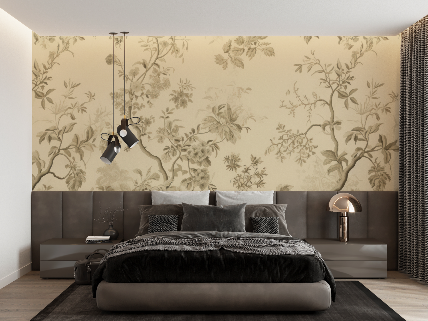 Papier Peint Toile De Jouy Beige Fleuri - panoramique-mur