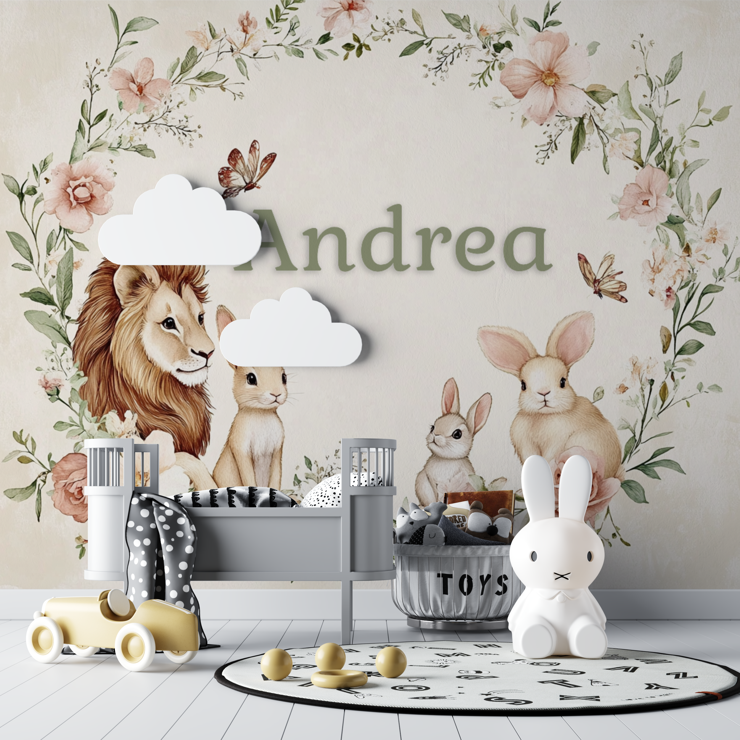 Papier peint prenom couronne fleurs bebe tipi