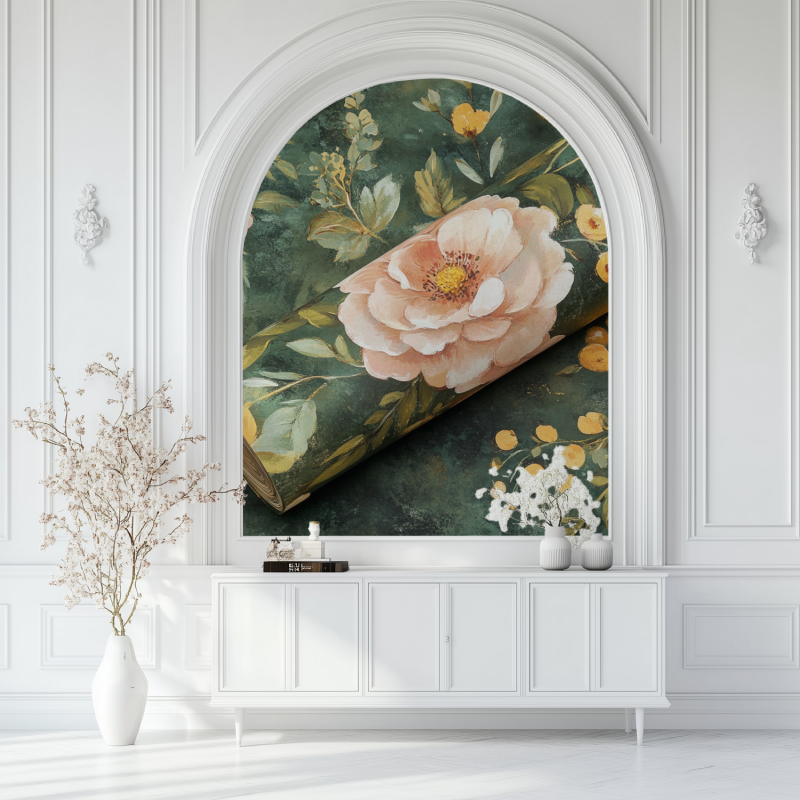 Papier peint fleur et feuillage salon blanc