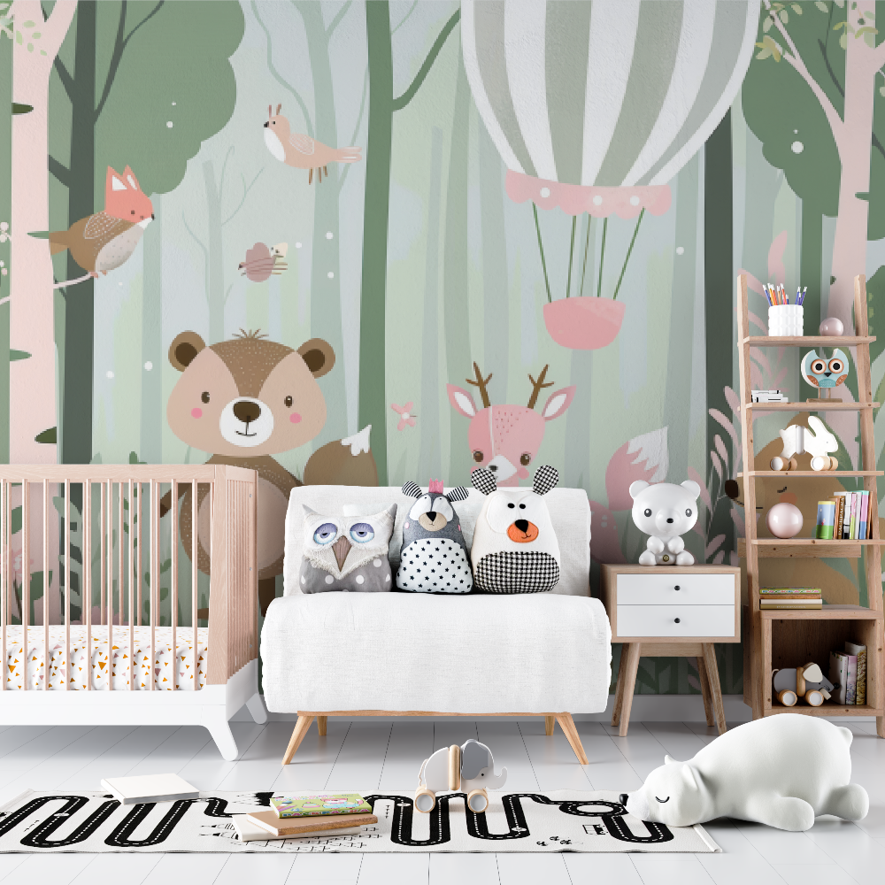 Papier peint bébé Amis de la forêt vert - chambre bébé