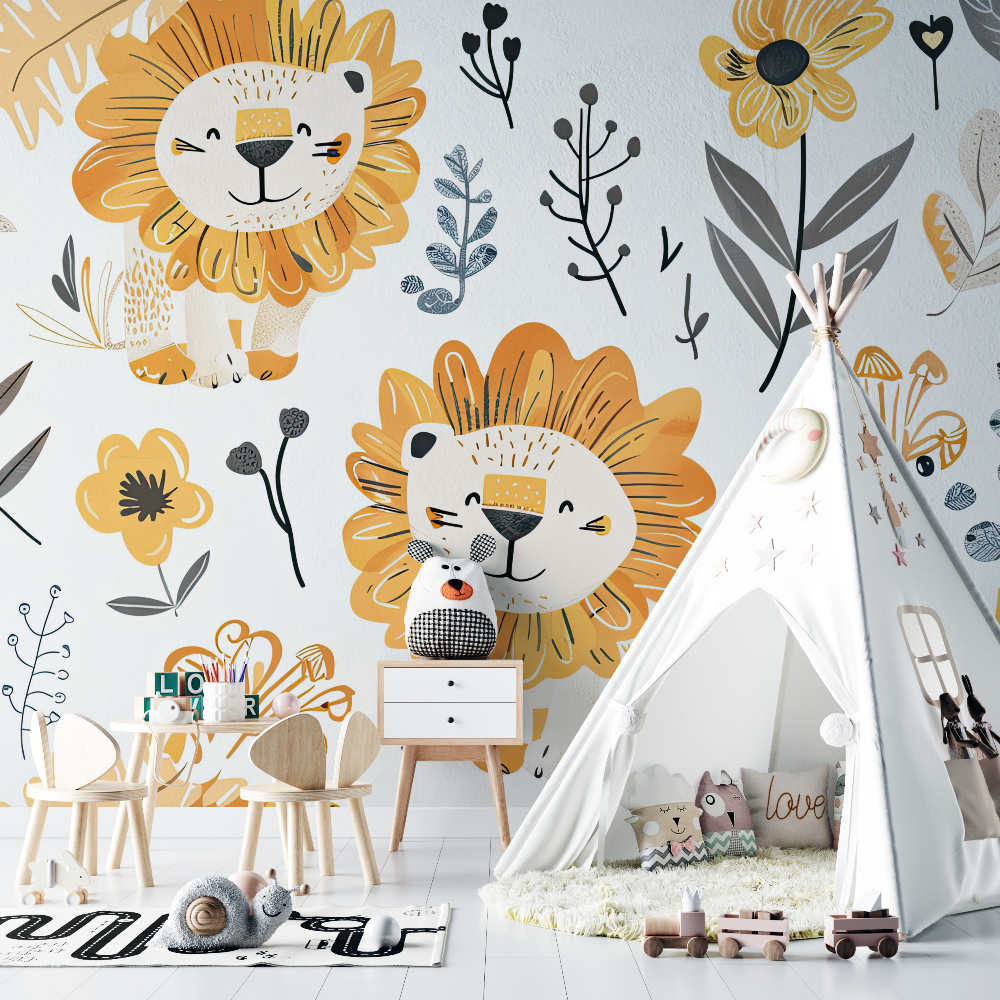 Papier peint lion et plumes bohemes chambre bebe
