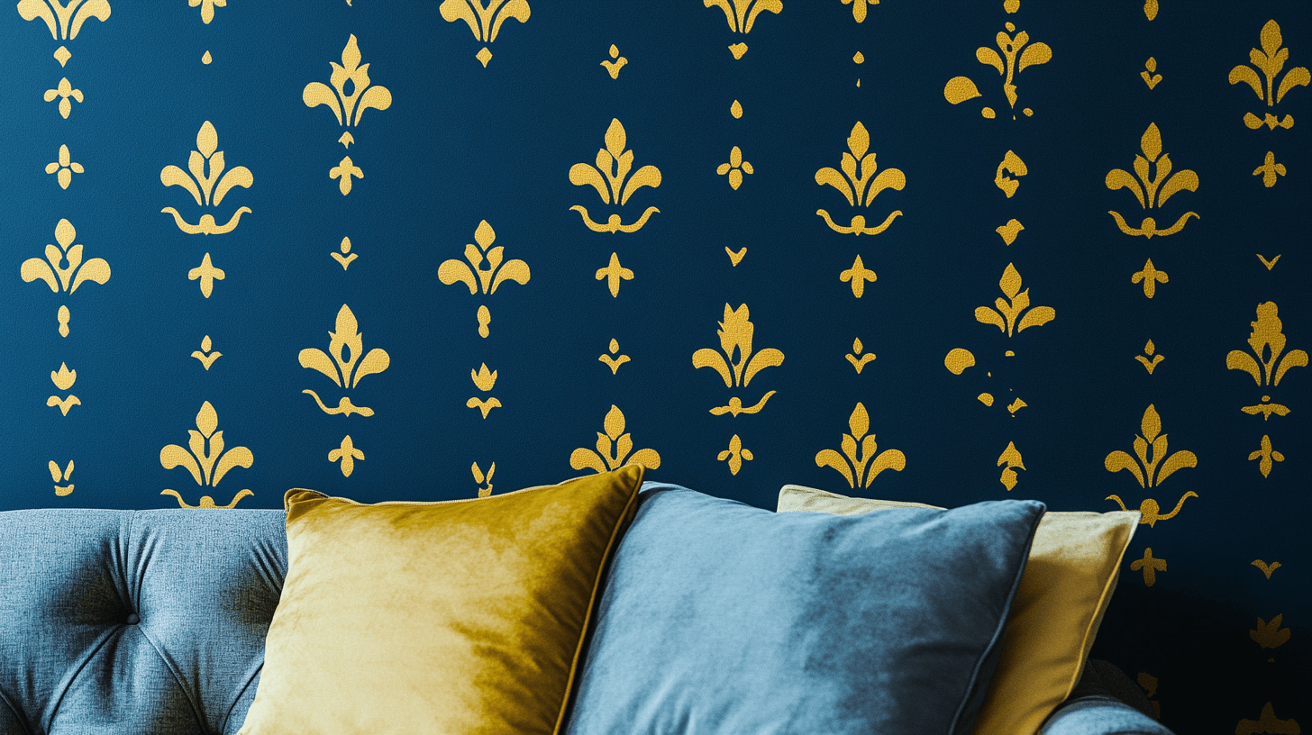 Papier Peint Fleur De Lys Jaune Sur Fonds Bleu Roi