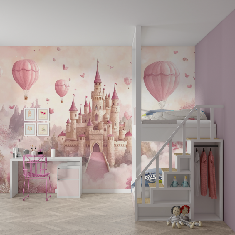 Papier peint chateau rose tapisserie mur chambre fille