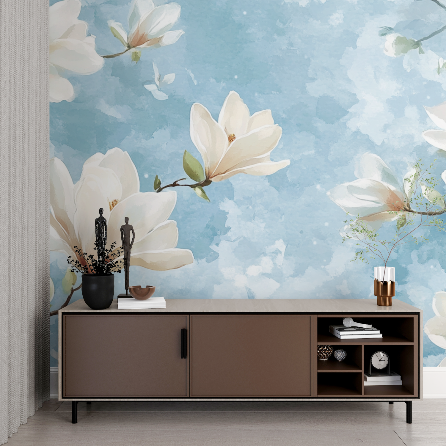 Papier peint aquarelle magnolia en fleurs imprime