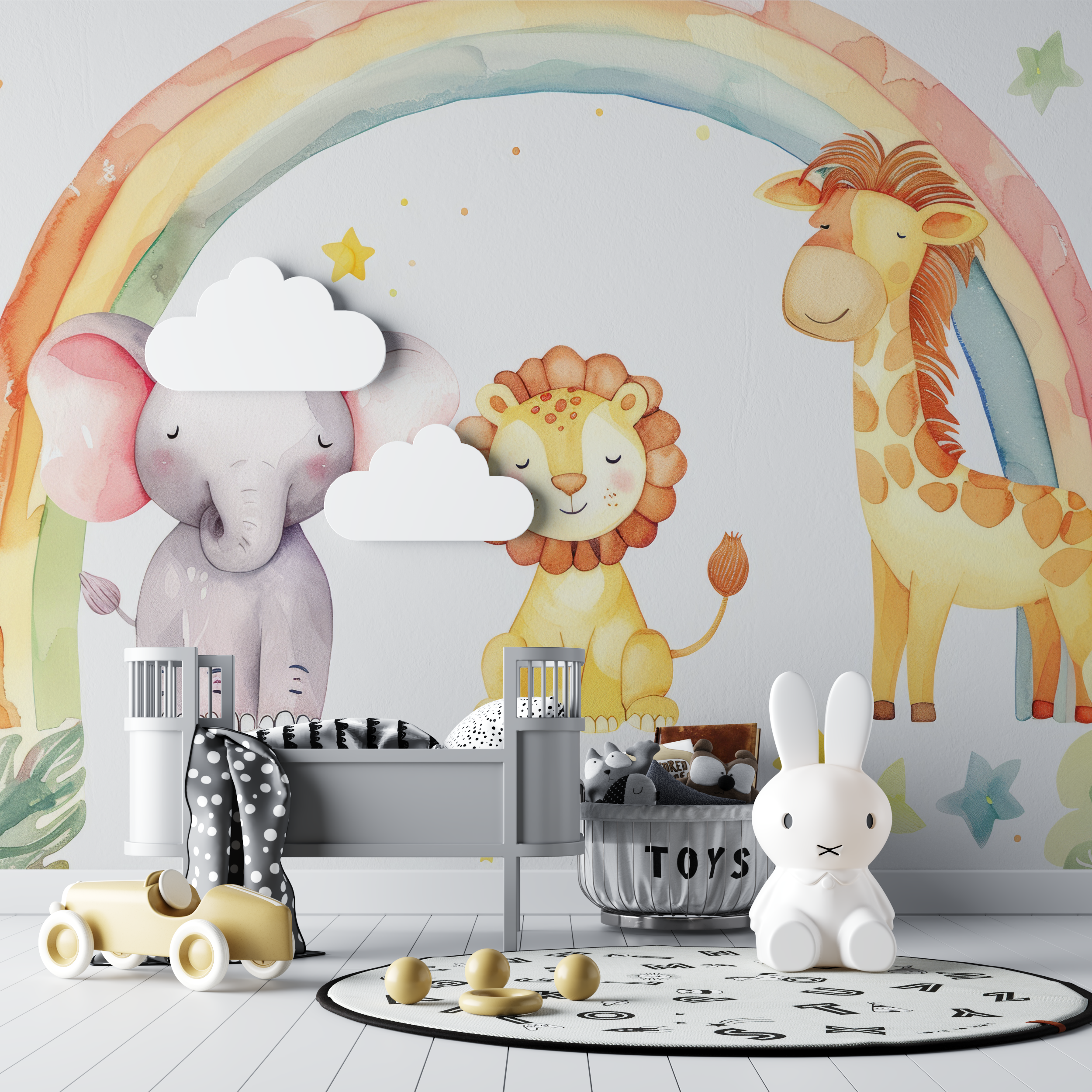 Papier peint lion et arcs en ciel pastel bebe tipi