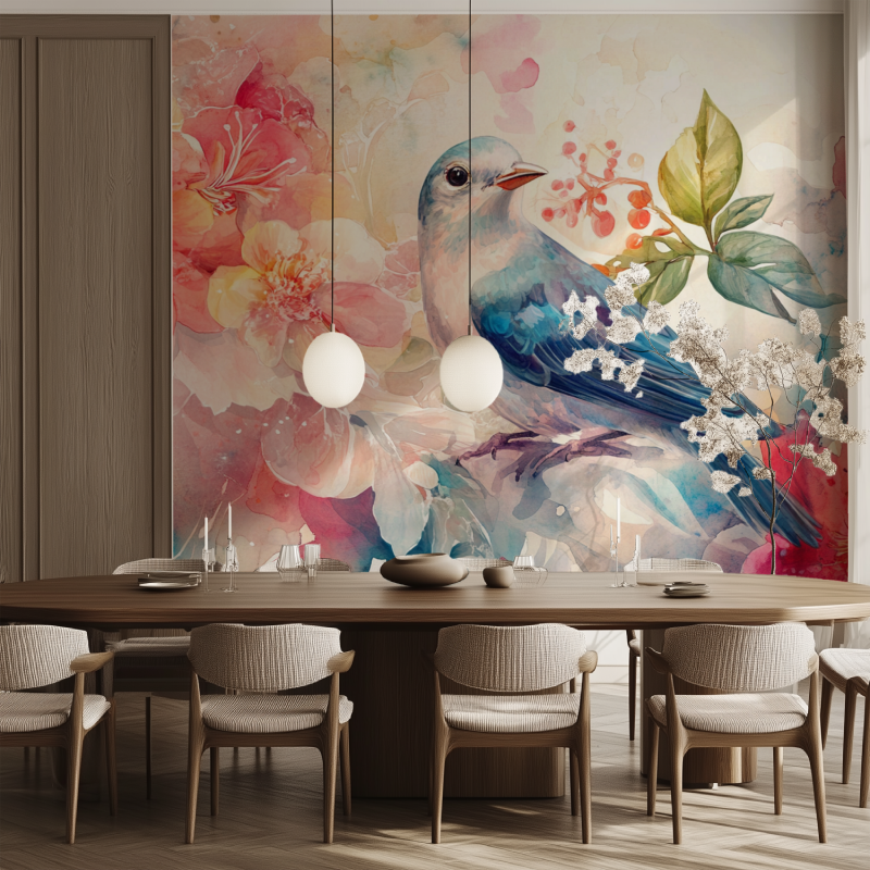 Papier peint fleur oiseau salle manger tendance