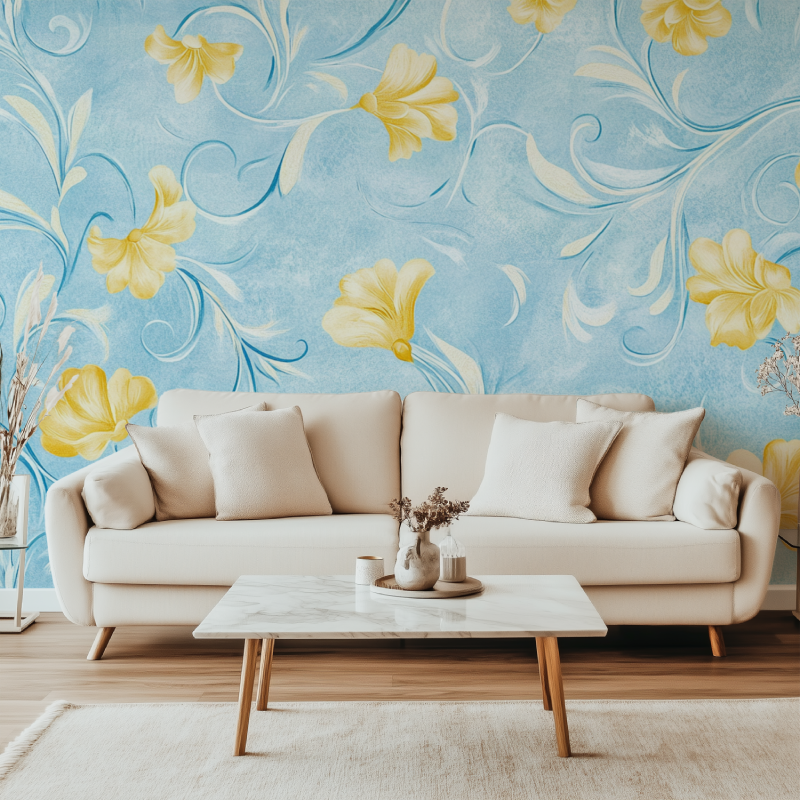 Papier peint vintage jaune et bleu canape simple