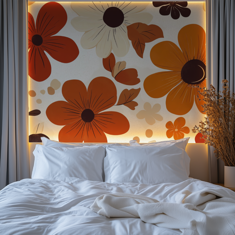 Papier peint vintage fleurs orange marron chambre premium