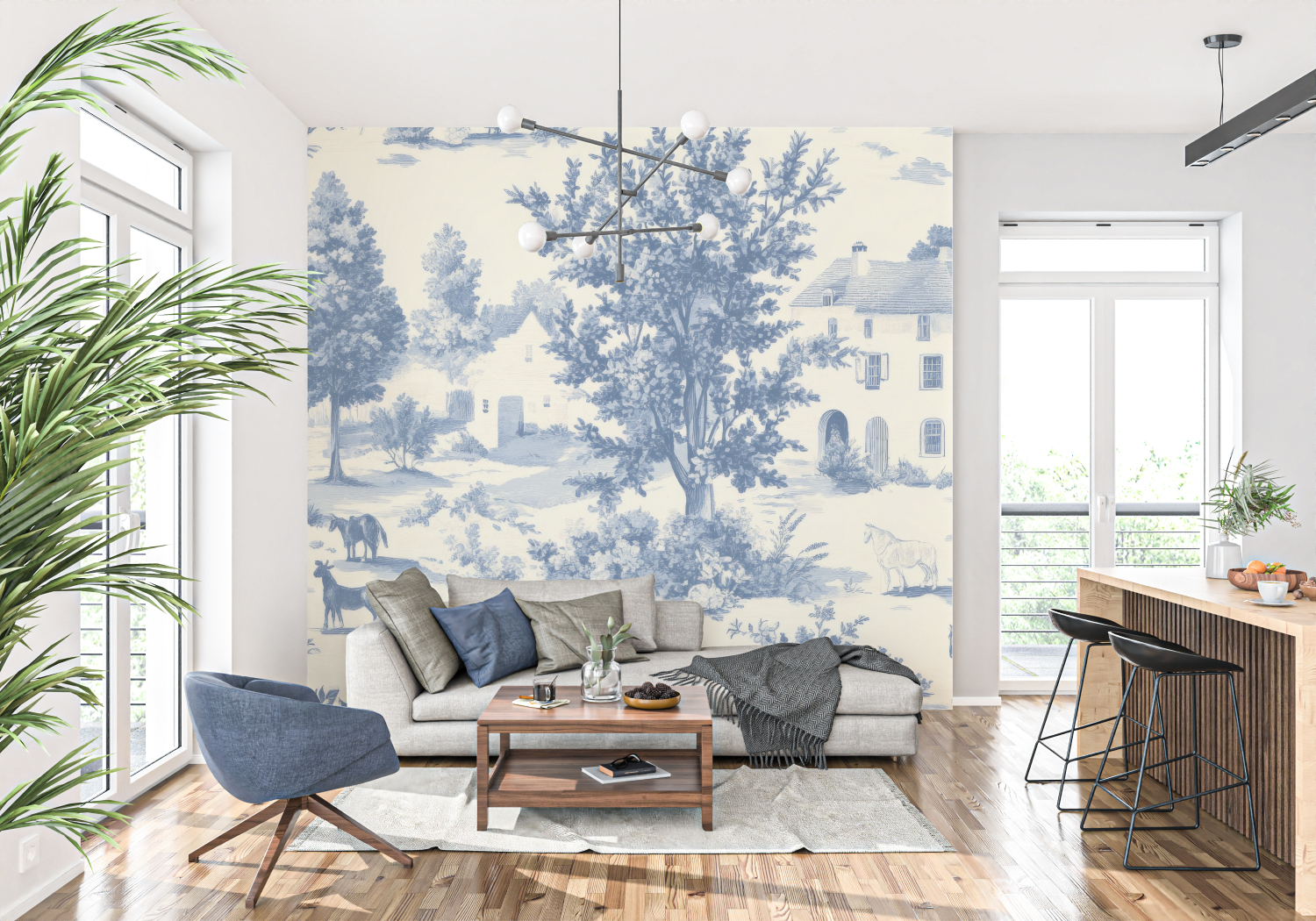 Papier Peint Toile De Jouy Bleu Art - trompe l'oeil