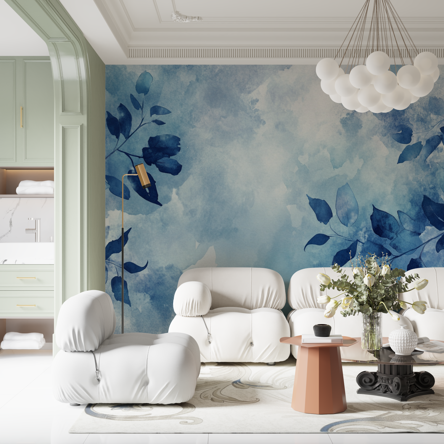 Papier peint aquarelle feuilles...raites bleues contemporain