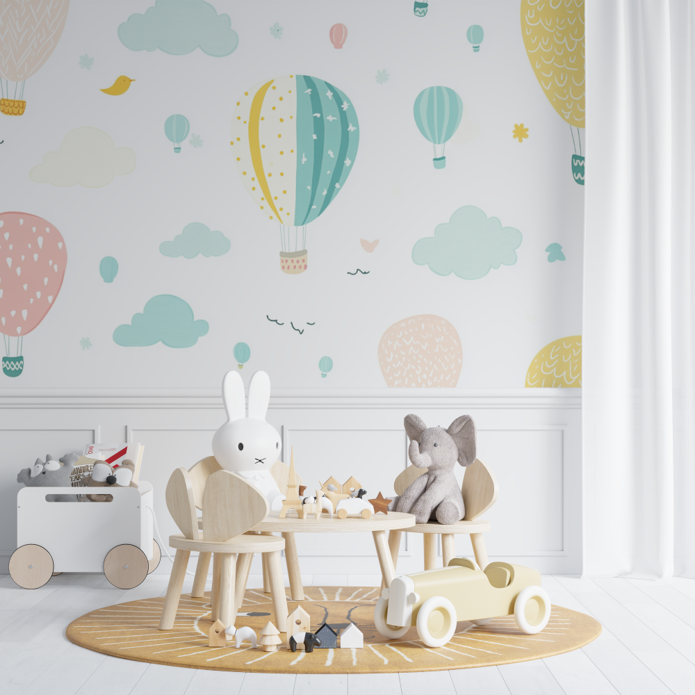 Papier peint montgolfiere et ballons colores chambre de bebe
